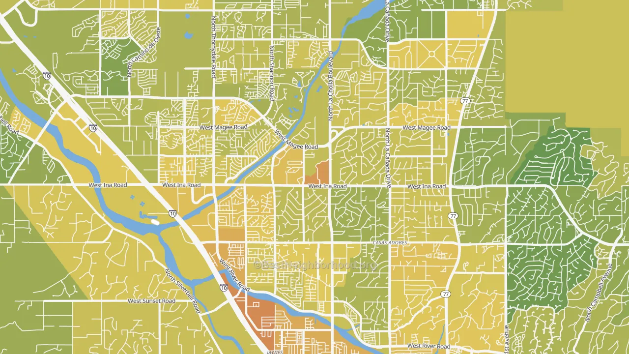 Map of the best neighborhoods in the Casas Adobes area, with better matches in green and worse matches in red