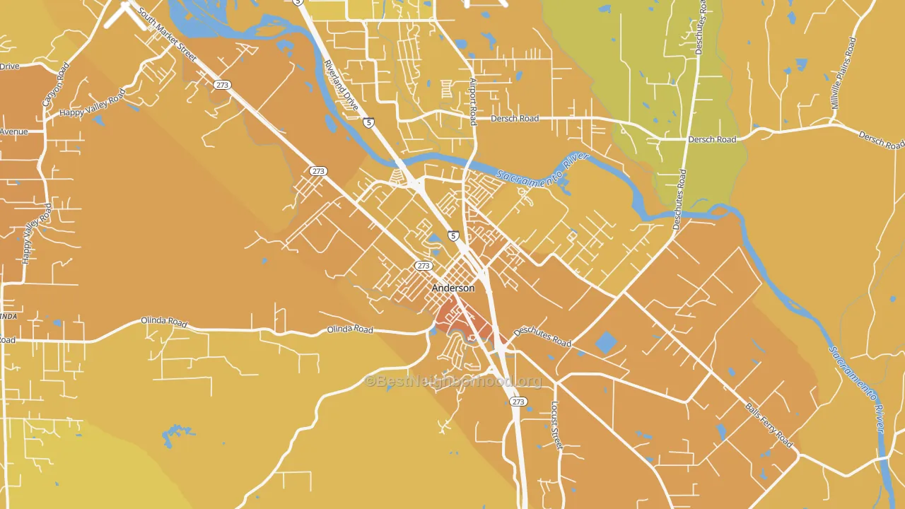 Map of the best neighborhoods in the Cascade, Anderson area, with better matches in green and worse matches in red