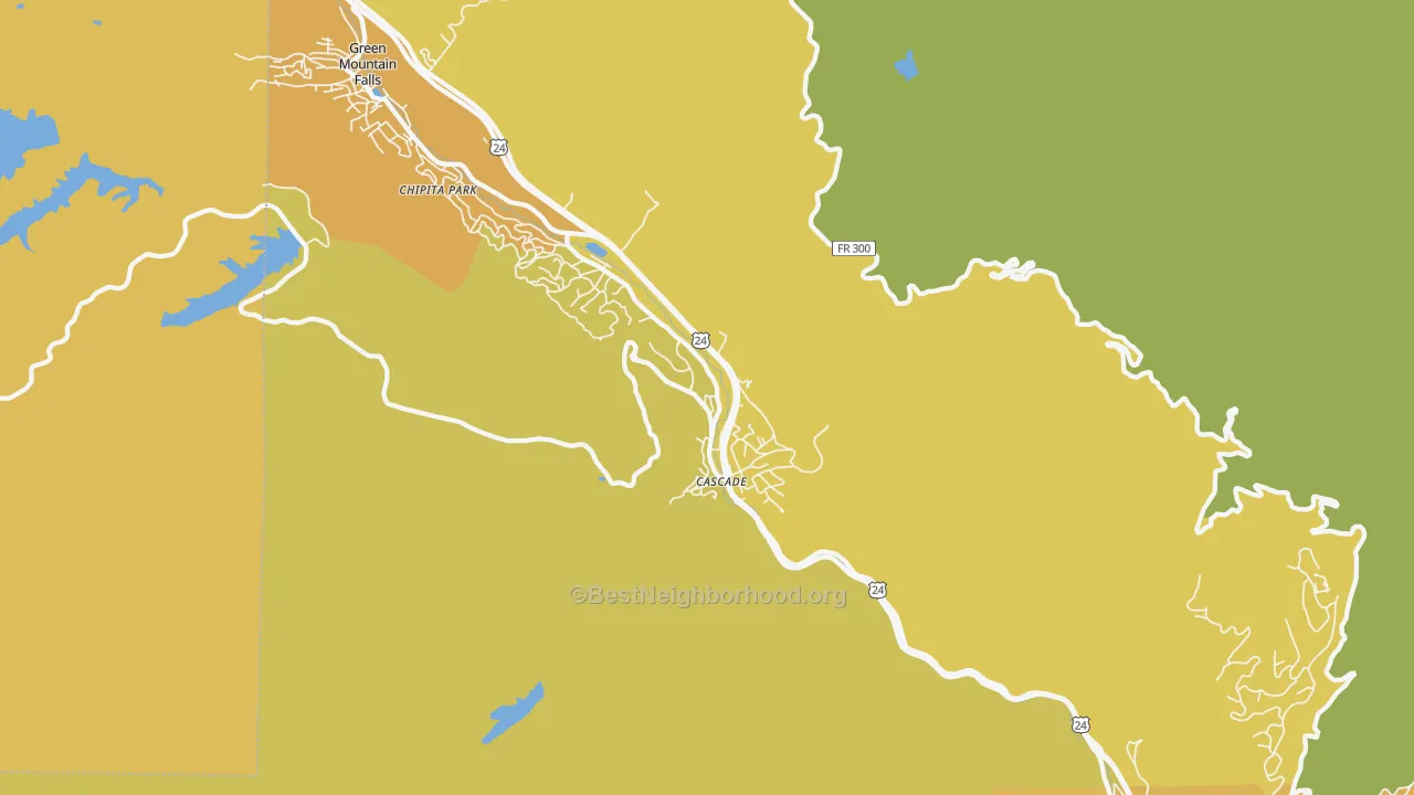 Map of the best neighborhoods in the Cascade area, with better matches in green and worse matches in red