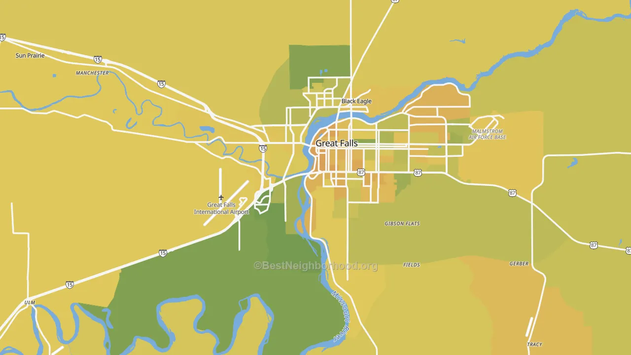 Map of the best neighborhoods in the Cascade County area, with better matches in green and worse matches in red