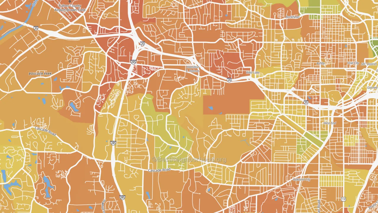 Map of the best neighborhoods in the Cascade Heights, Atlanta area, with better matches in green and worse matches in red