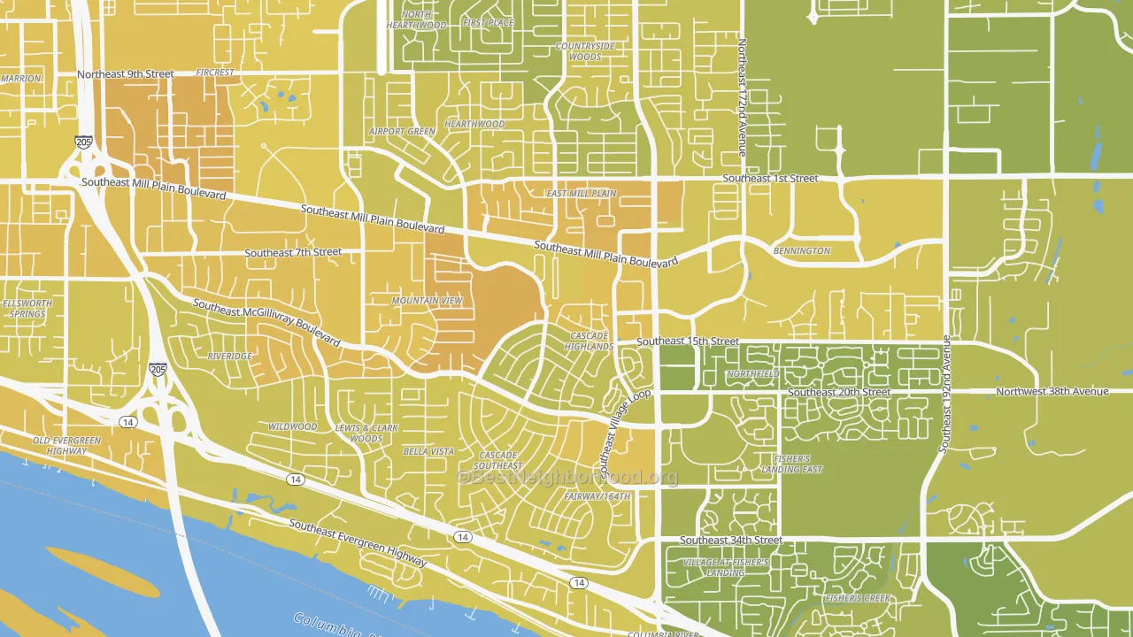 Map of the best neighborhoods in the Cascade Highlands, Vancouver area, with better matches in green and worse matches in red