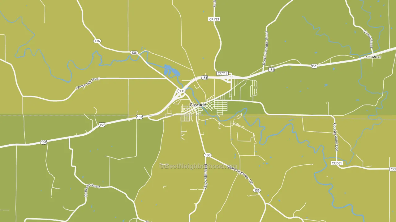 Map of the best neighborhoods in the Cascade area, with better matches in green and worse matches in red