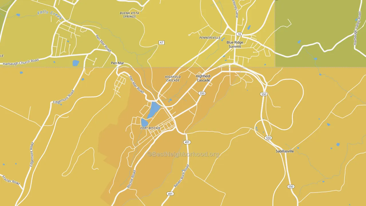 Map of the best neighborhoods in the Cascade area, with better matches in green and worse matches in red