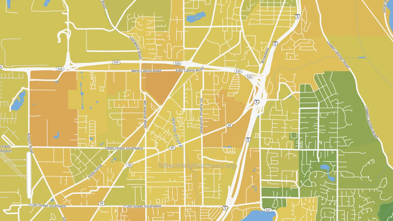 Map of the best neighborhoods in the Cascade View, Everett area, with better matches in green and worse matches in red