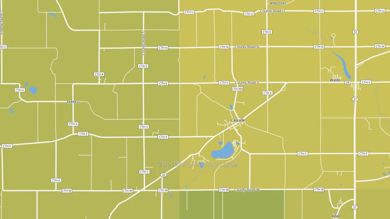Map of the best neighborhoods in the Cascade area, with better matches in green and worse matches in red