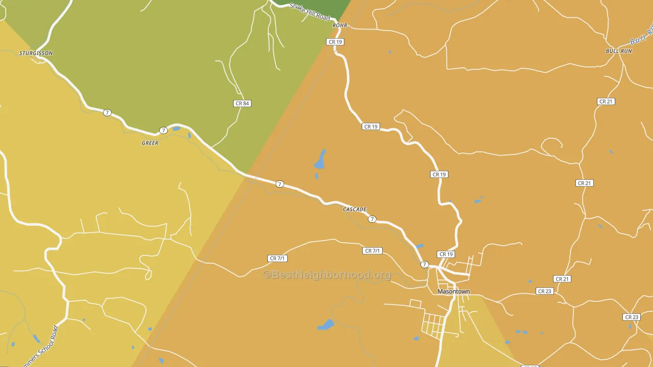 Map of the best neighborhoods in the Cascade area, with better matches in green and worse matches in red