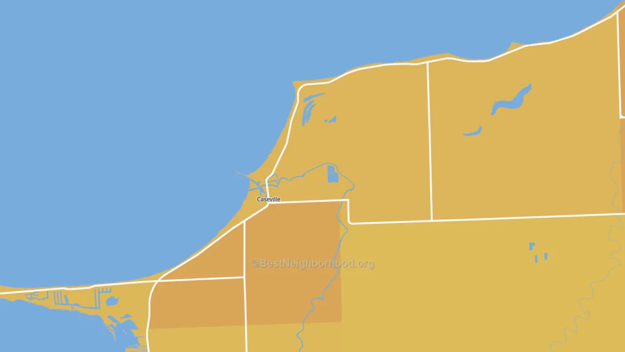 Map of the best neighborhoods in the Caseville area, with better matches in green and worse matches in red