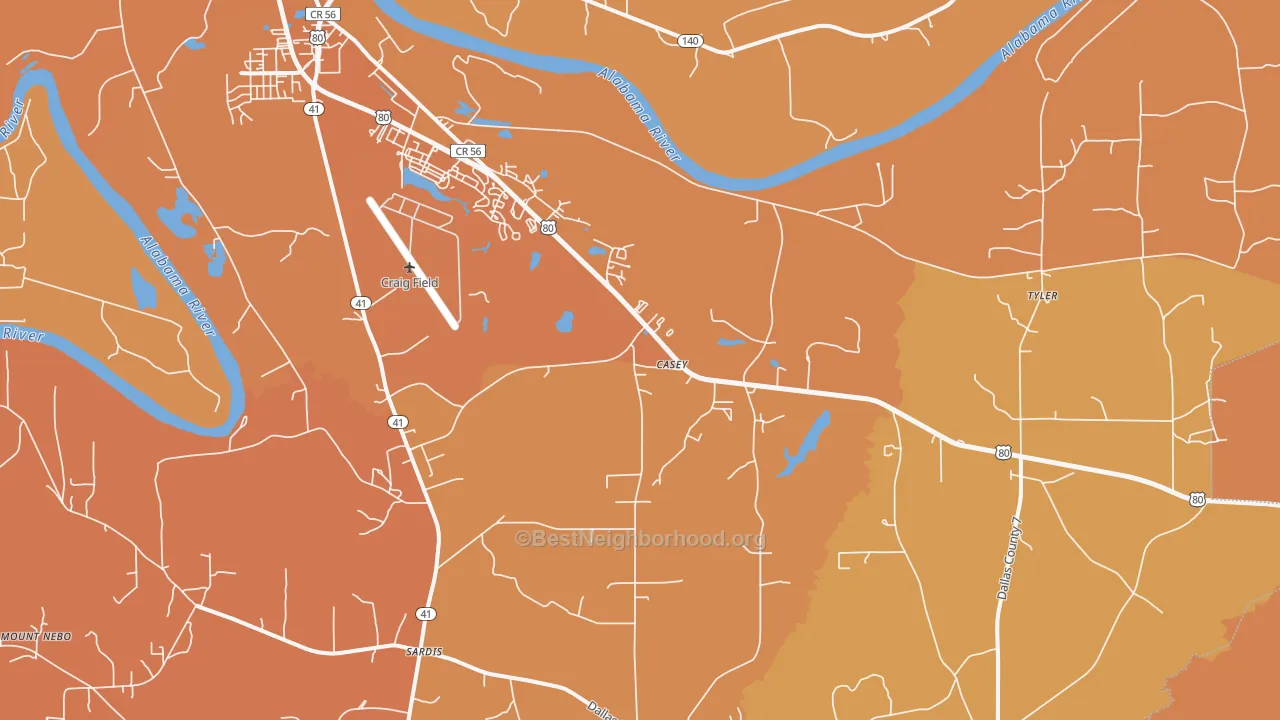 Map of the best neighborhoods in the Casey area, with better matches in green and worse matches in red