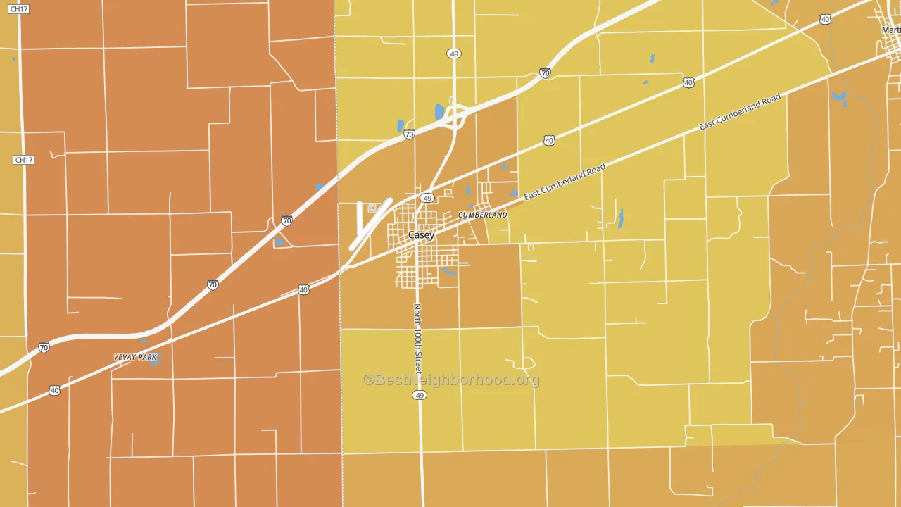 Map of the best neighborhoods in the Casey area, with better matches in green and worse matches in red