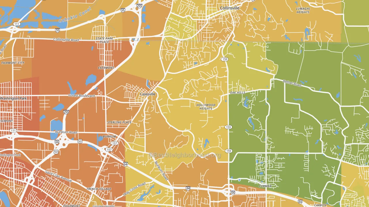 Map of the best neighborhoods in the Caseyville area, with better matches in green and worse matches in red