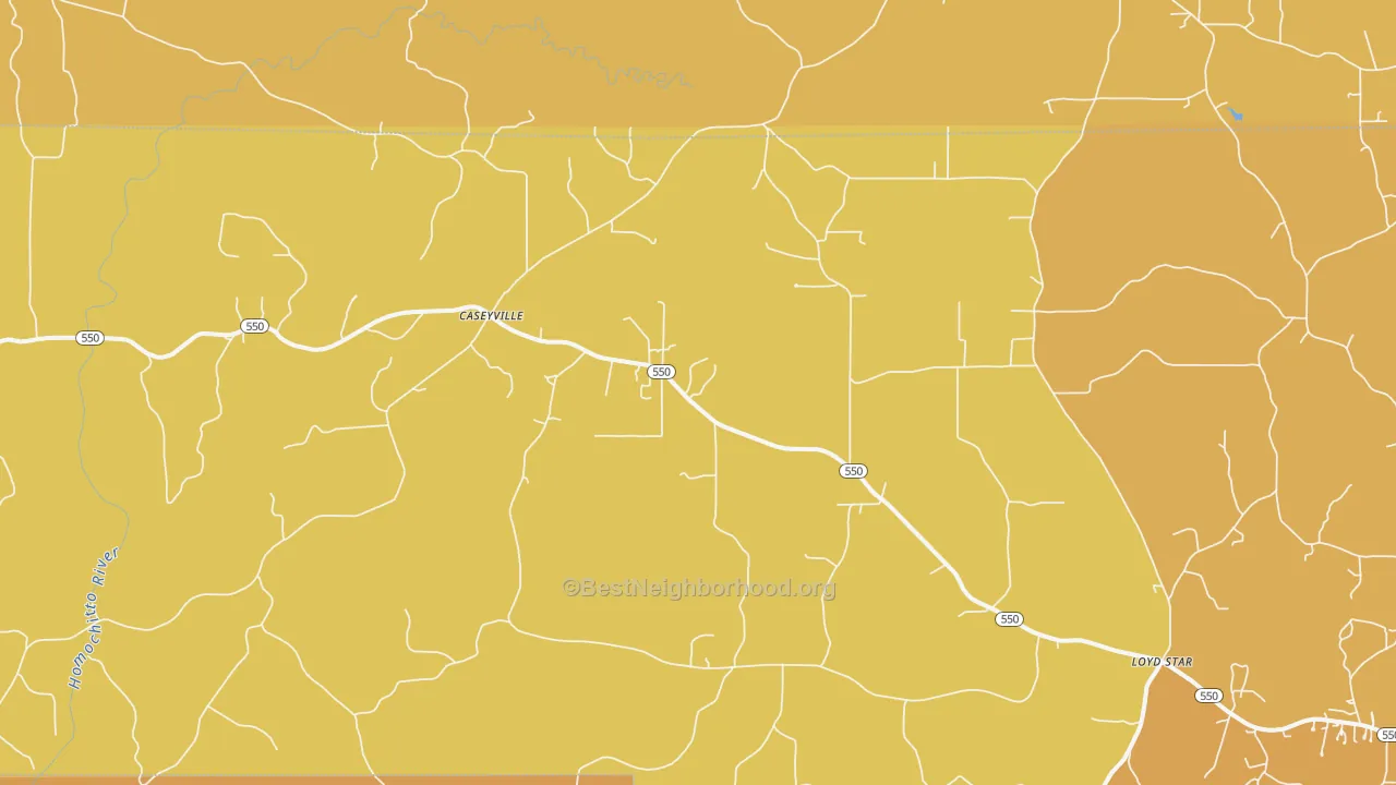 Map of the best neighborhoods in the Caseyville area, with better matches in green and worse matches in red
