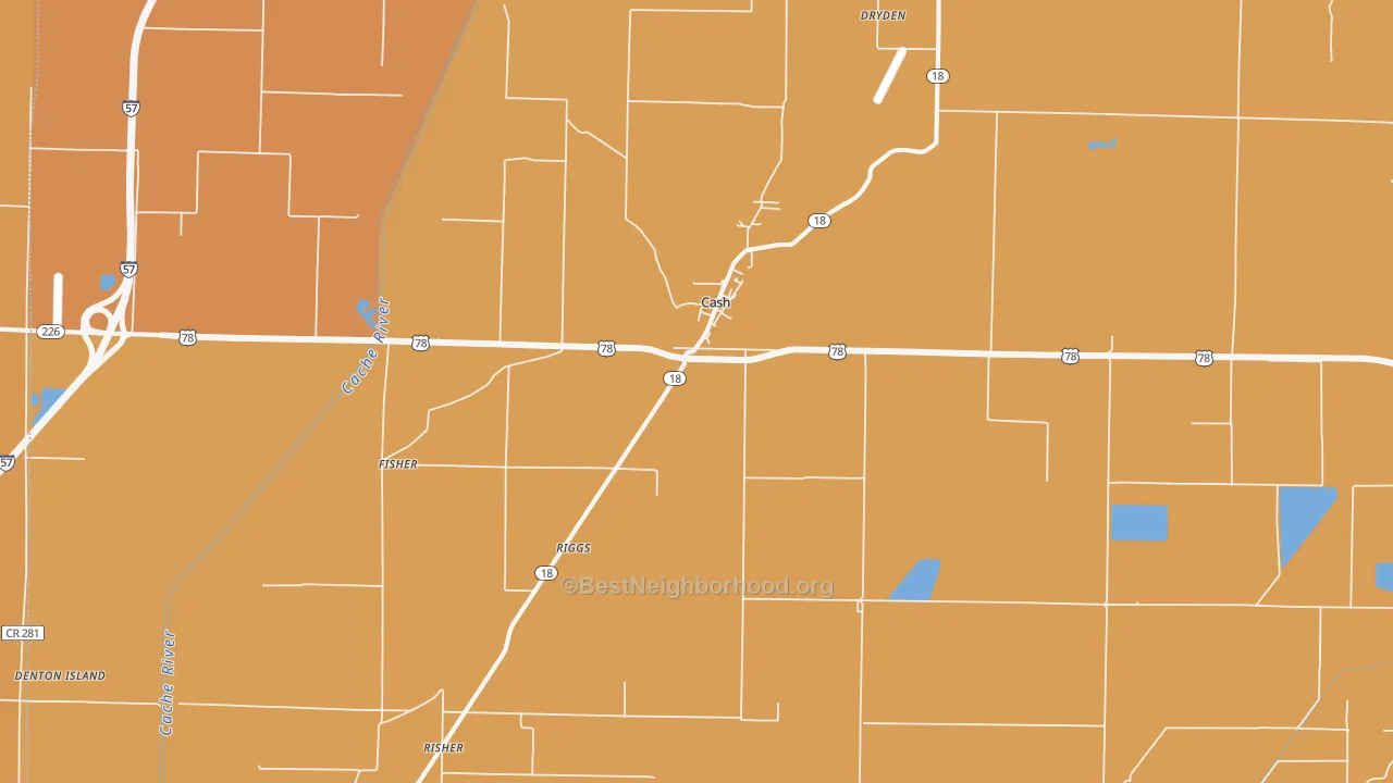 Map of the best neighborhoods in the Cash area, with better matches in green and worse matches in red