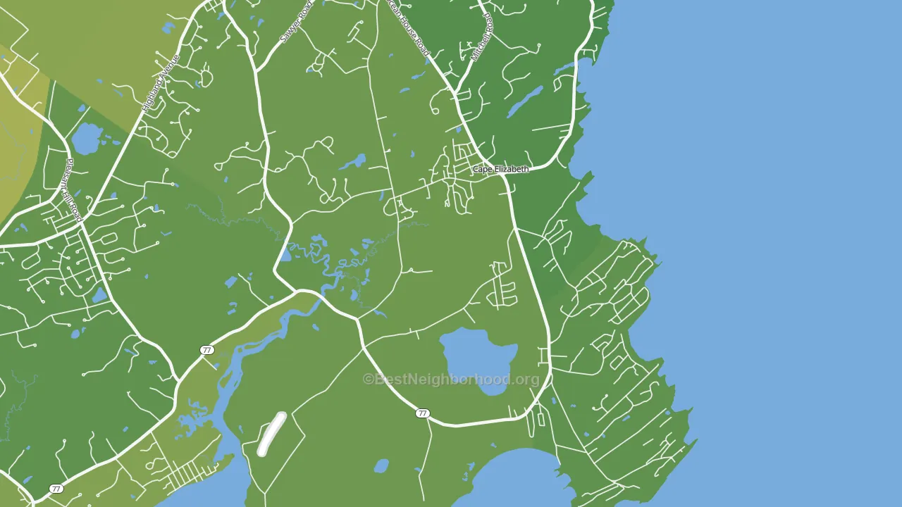 Map of the best neighborhoods in the Cash Corner area, with better matches in green and worse matches in red