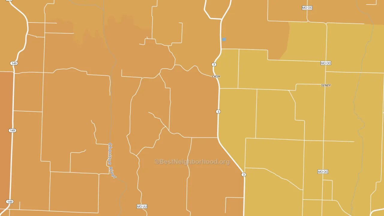 Map of the best neighborhoods in the Cash area, with better matches in green and worse matches in red