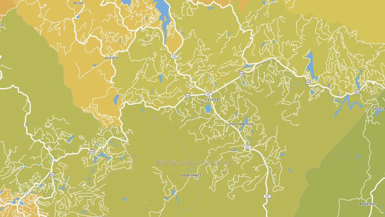 Map of the best neighborhoods in the Cashiers area, with better matches in green and worse matches in red