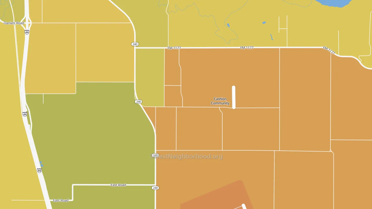 Map of the best neighborhoods in the Cashion Community area, with better matches in green and worse matches in red