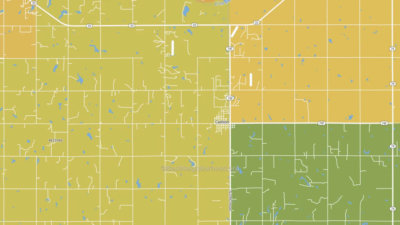 Map of the best neighborhoods in the Cashion area, with better matches in green and worse matches in red