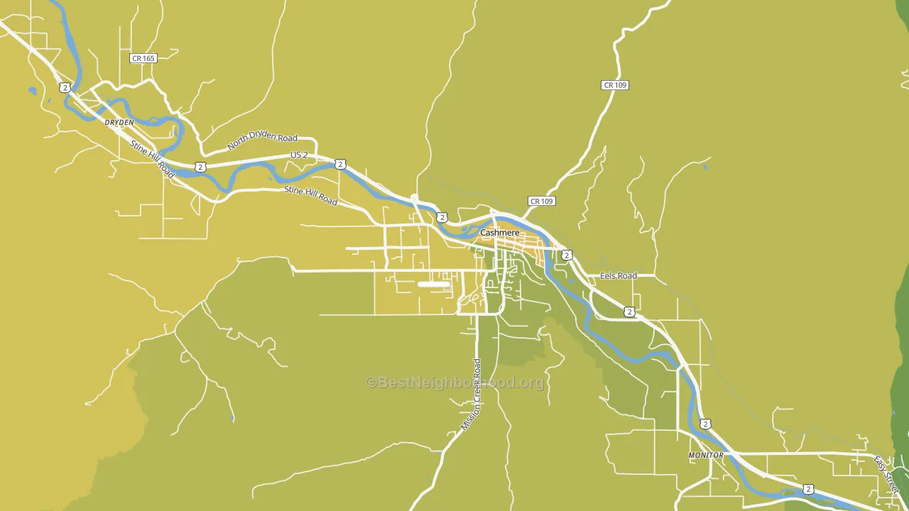 Map of the best neighborhoods in the Cashmere area, with better matches in green and worse matches in red