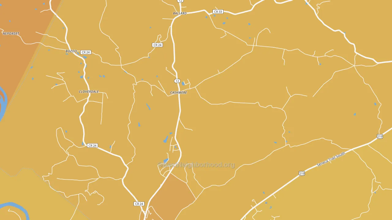 Map of the best neighborhoods in the Cashmere area, with better matches in green and worse matches in red