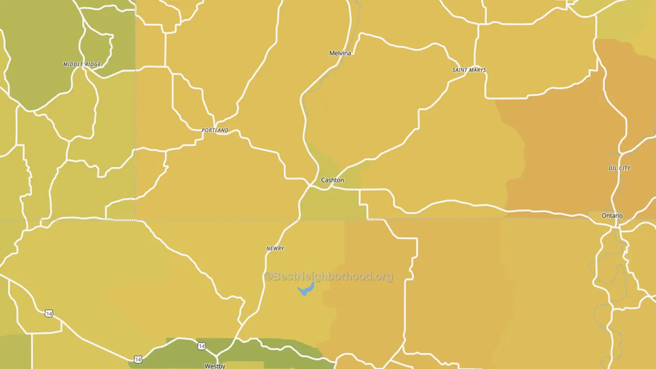 Map of the best neighborhoods in the Cashton area, with better matches in green and worse matches in red