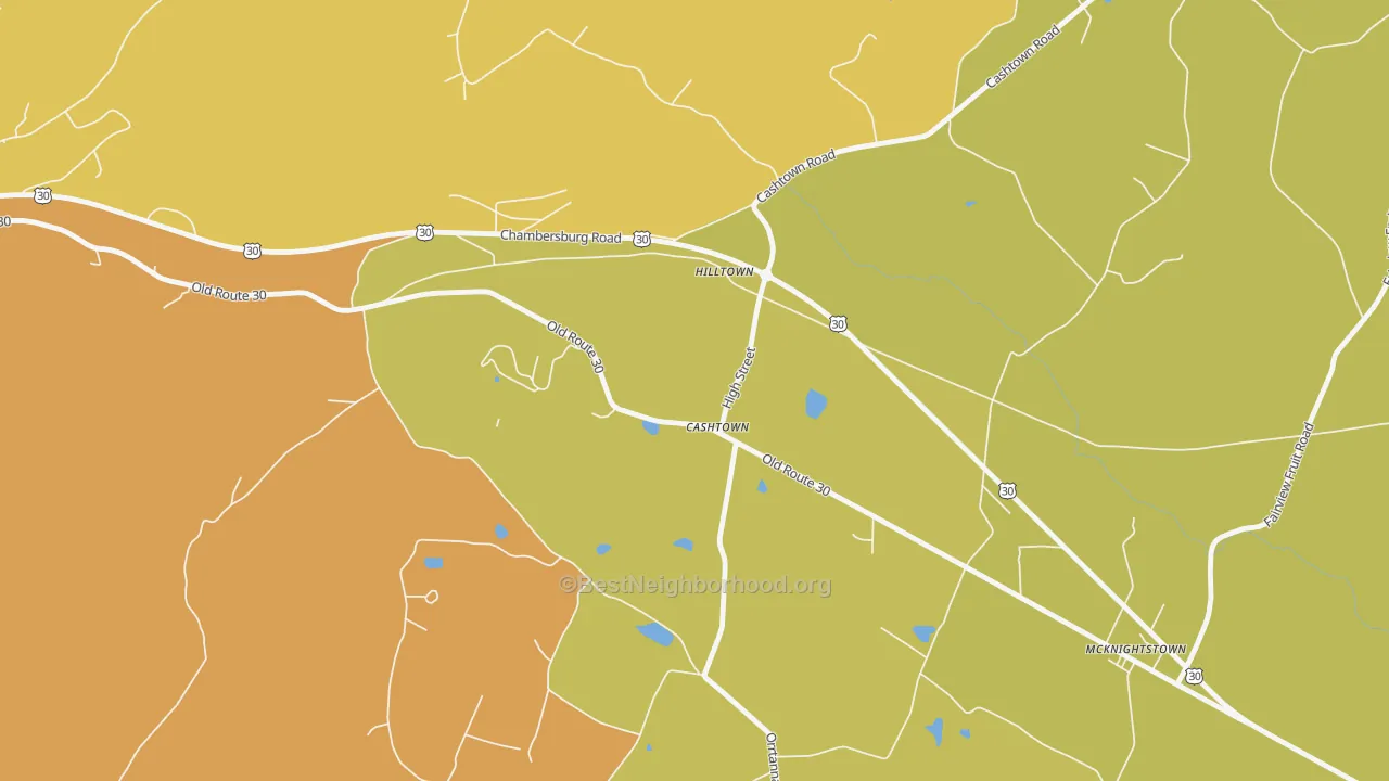 Map of the best neighborhoods in the Cashtown area, with better matches in green and worse matches in red