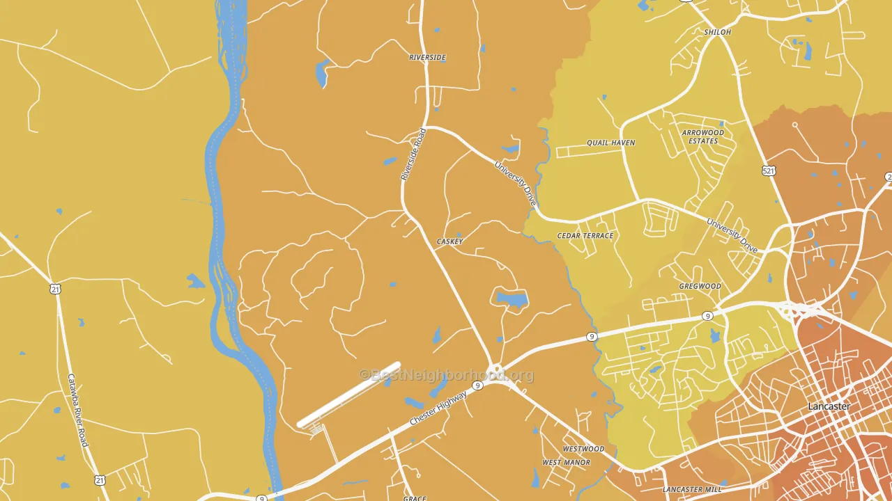 Map of the best neighborhoods in the Caskey area, with better matches in green and worse matches in red