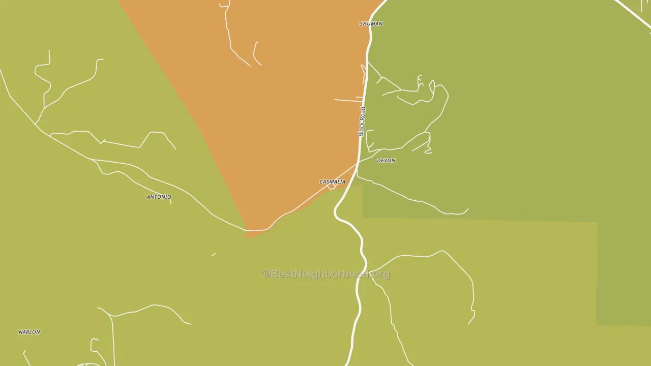 Map of the best neighborhoods in the Casmalia area, with better matches in green and worse matches in red