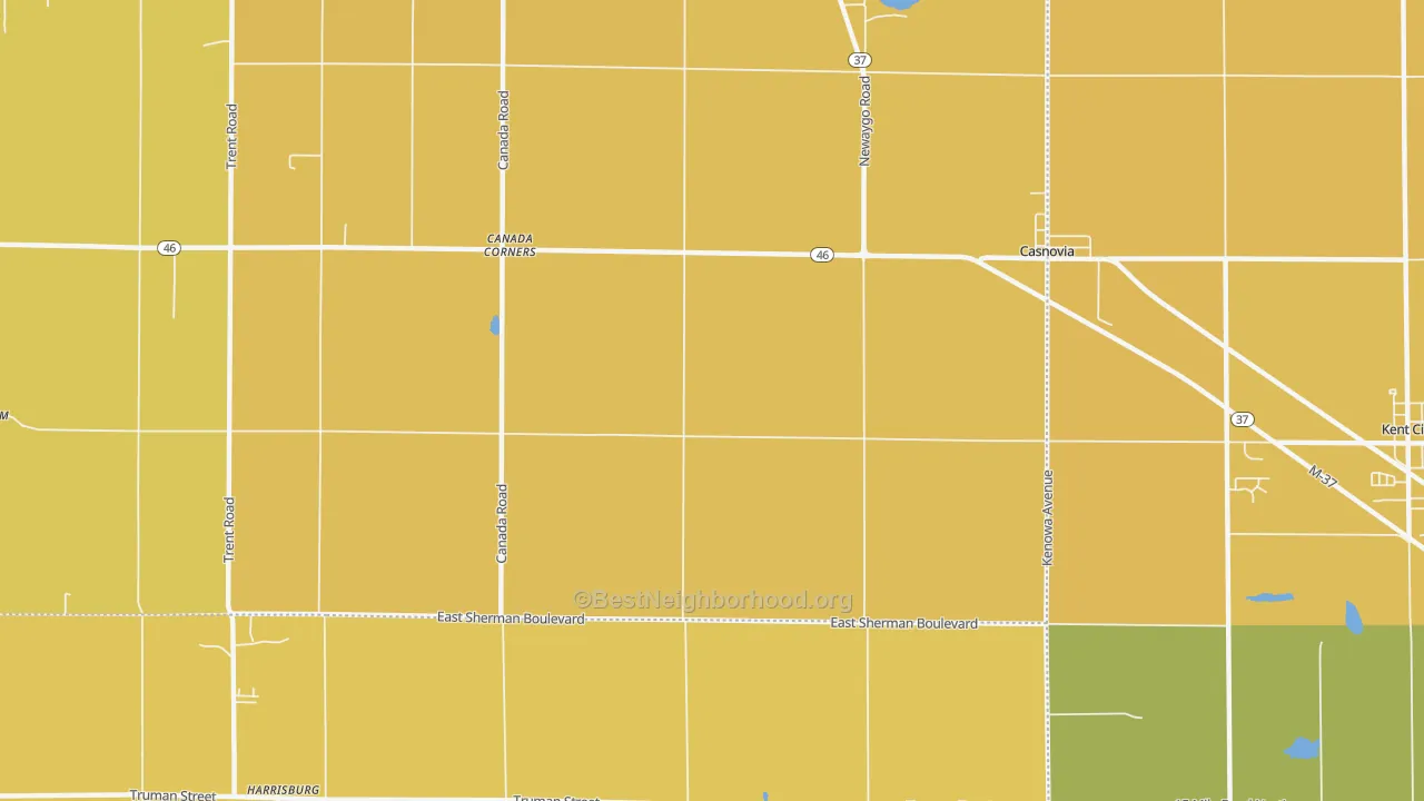 Map of the best neighborhoods in the Casnovia area, with better matches in green and worse matches in red