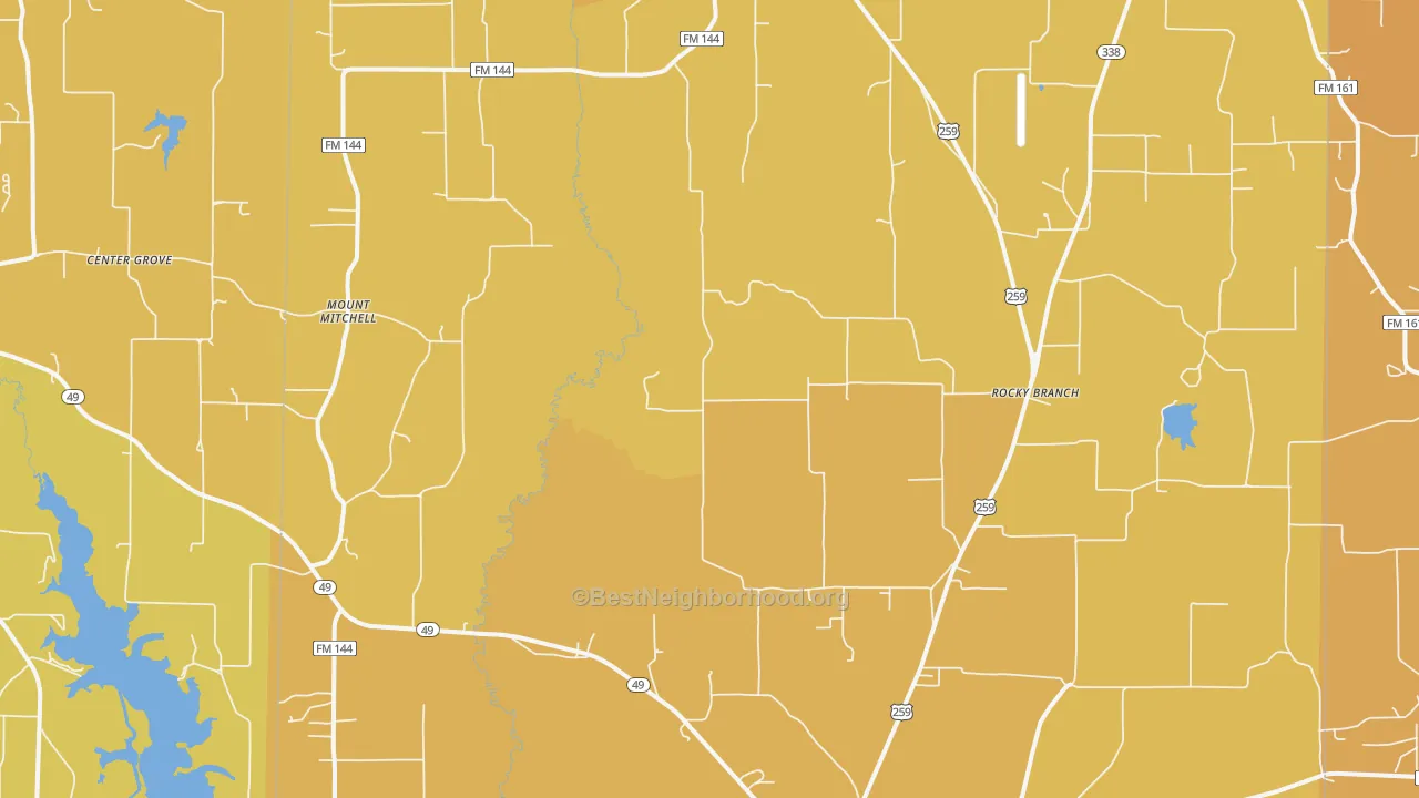 Map of the best neighborhoods in the Cason area, with better matches in green and worse matches in red