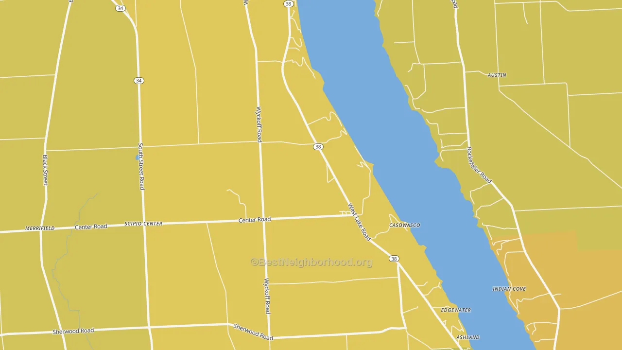 Map of the best neighborhoods in the Casowasco area, with better matches in green and worse matches in red