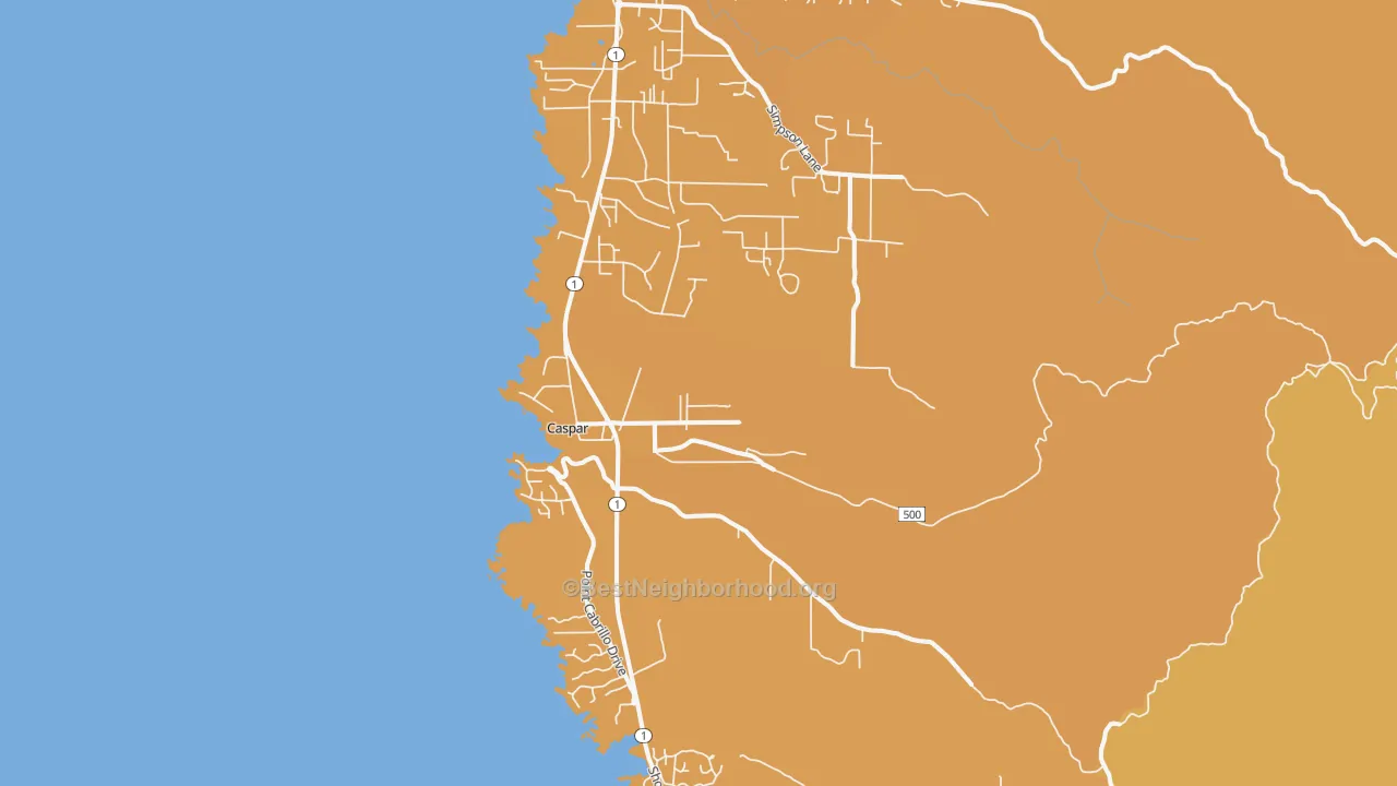 Map of the best neighborhoods in the Caspar area, with better matches in green and worse matches in red