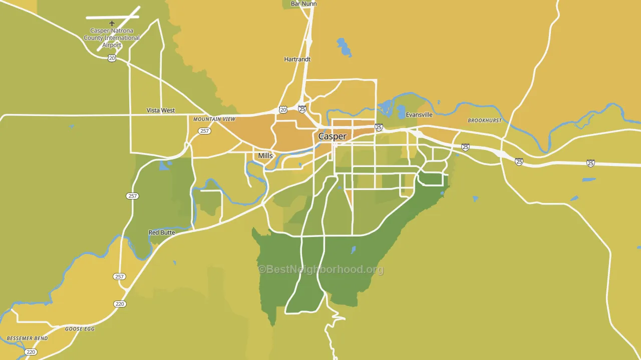Map of the best neighborhoods in the Casper Metro area, with better matches in green and worse matches in red