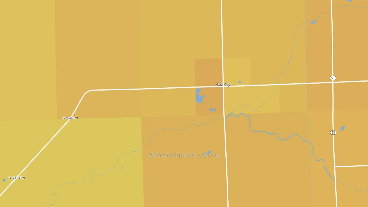 Map of the best neighborhoods in the Cass City area, with better matches in green and worse matches in red