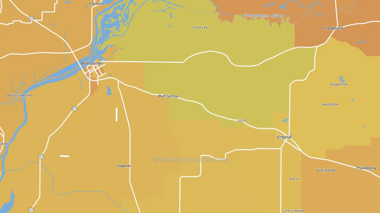 Map of the best neighborhoods in the Cass County area, with better matches in green and worse matches in red