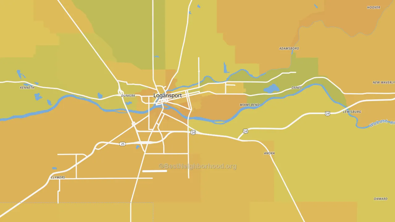 Map of the best neighborhoods in the Cass County area, with better matches in green and worse matches in red