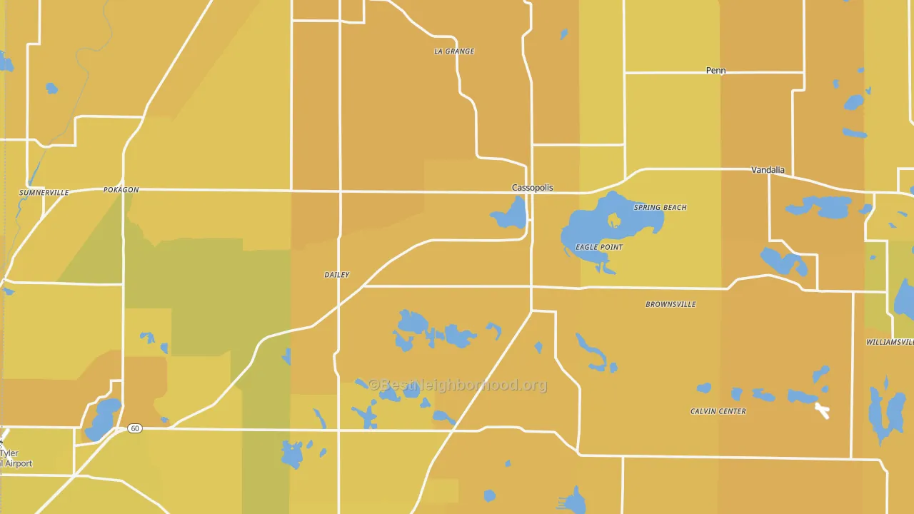 Map of the best neighborhoods in the Cass County area, with better matches in green and worse matches in red