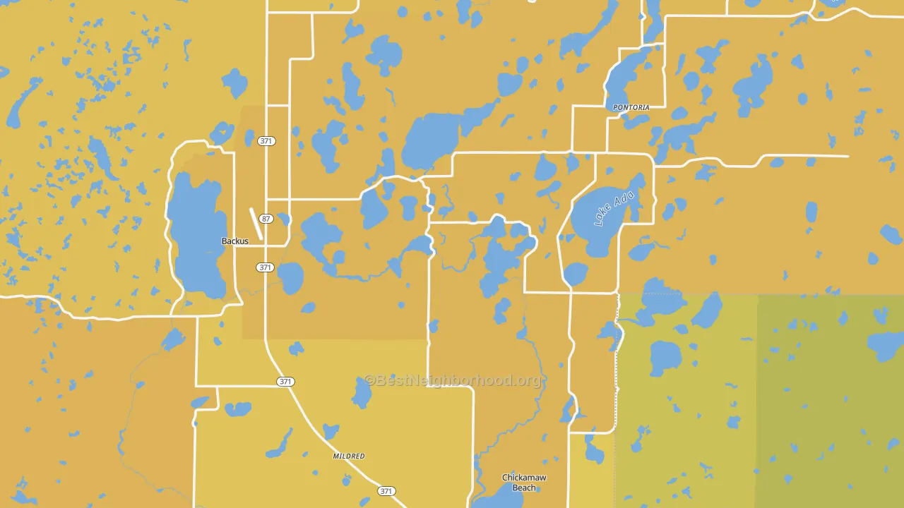 Map of the best neighborhoods in the Cass County area, with better matches in green and worse matches in red