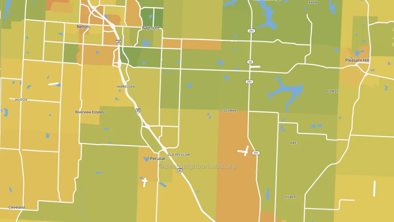 Map of the best neighborhoods in the Cass County area, with better matches in green and worse matches in red