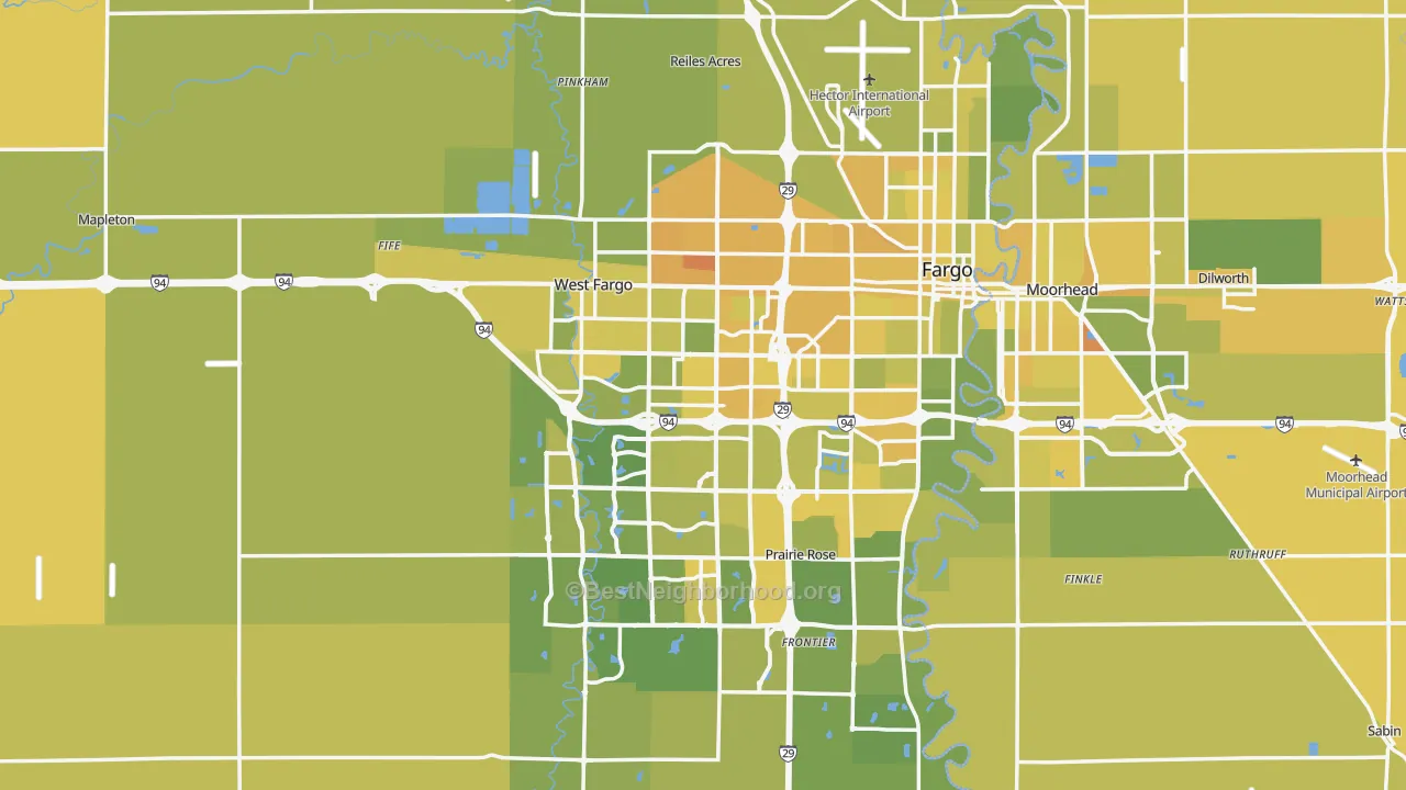 Map of the best neighborhoods in the Cass County area, with better matches in green and worse matches in red