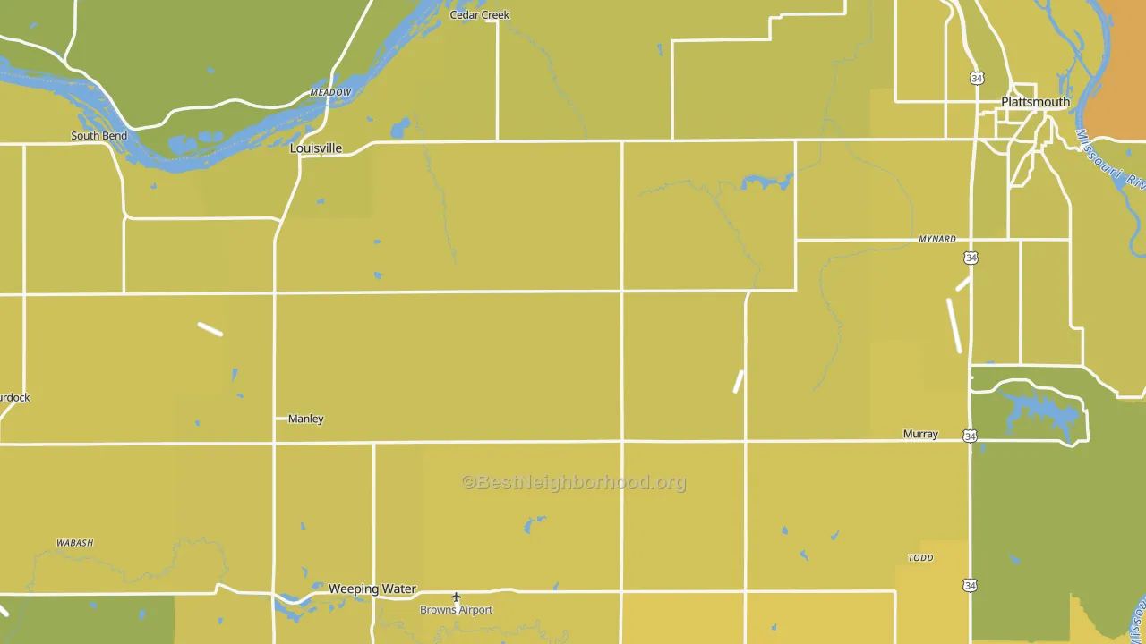 Map of the best neighborhoods in the Cass County area, with better matches in green and worse matches in red