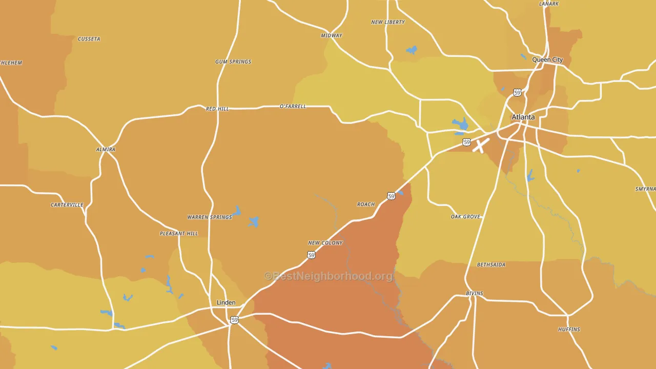 Map of the best neighborhoods in the Cass County area, with better matches in green and worse matches in red