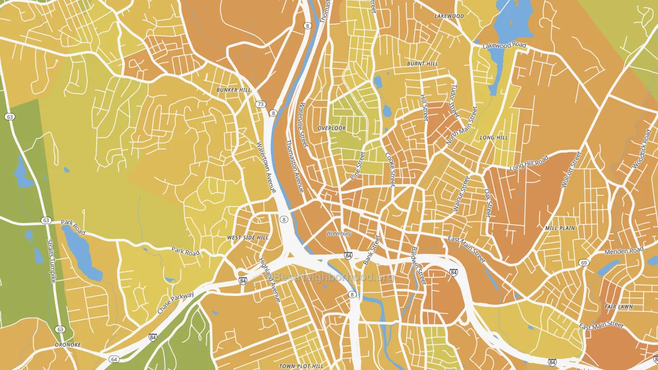 Map of the best neighborhoods in the Cass Gilbert, Waterbury area, with better matches in green and worse matches in red