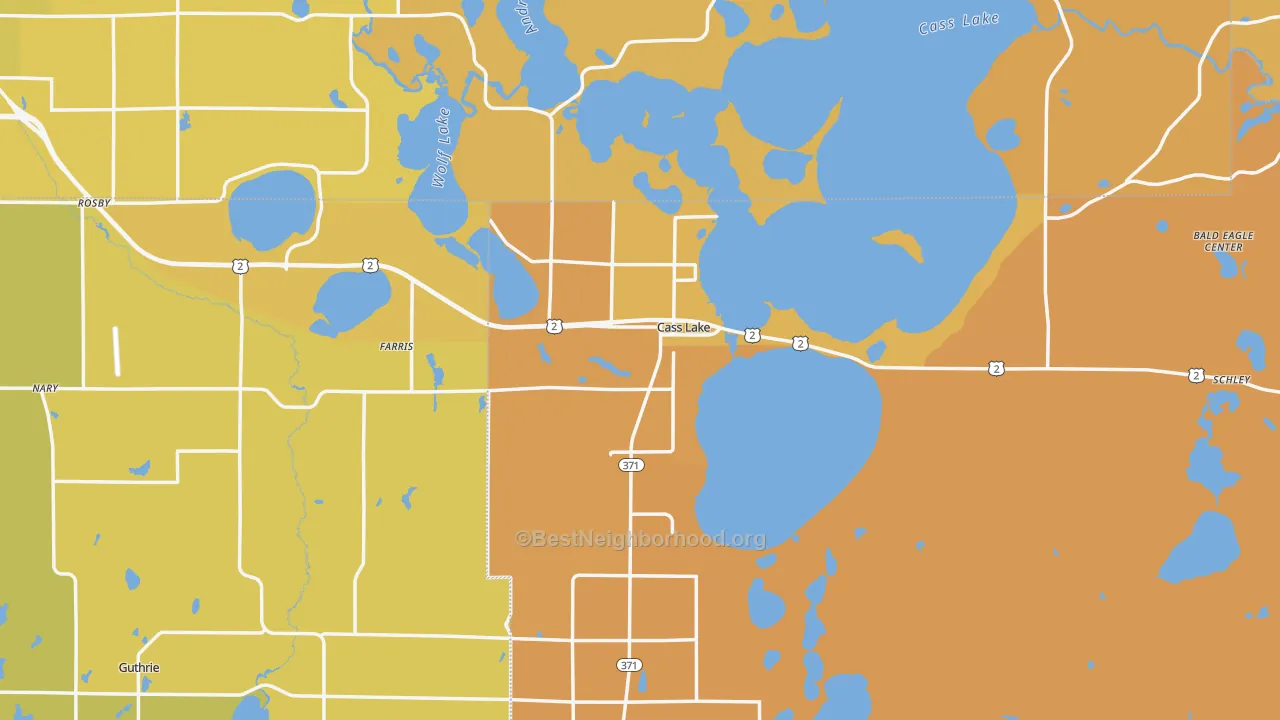 Map of the best neighborhoods in the Cass Lake area, with better matches in green and worse matches in red