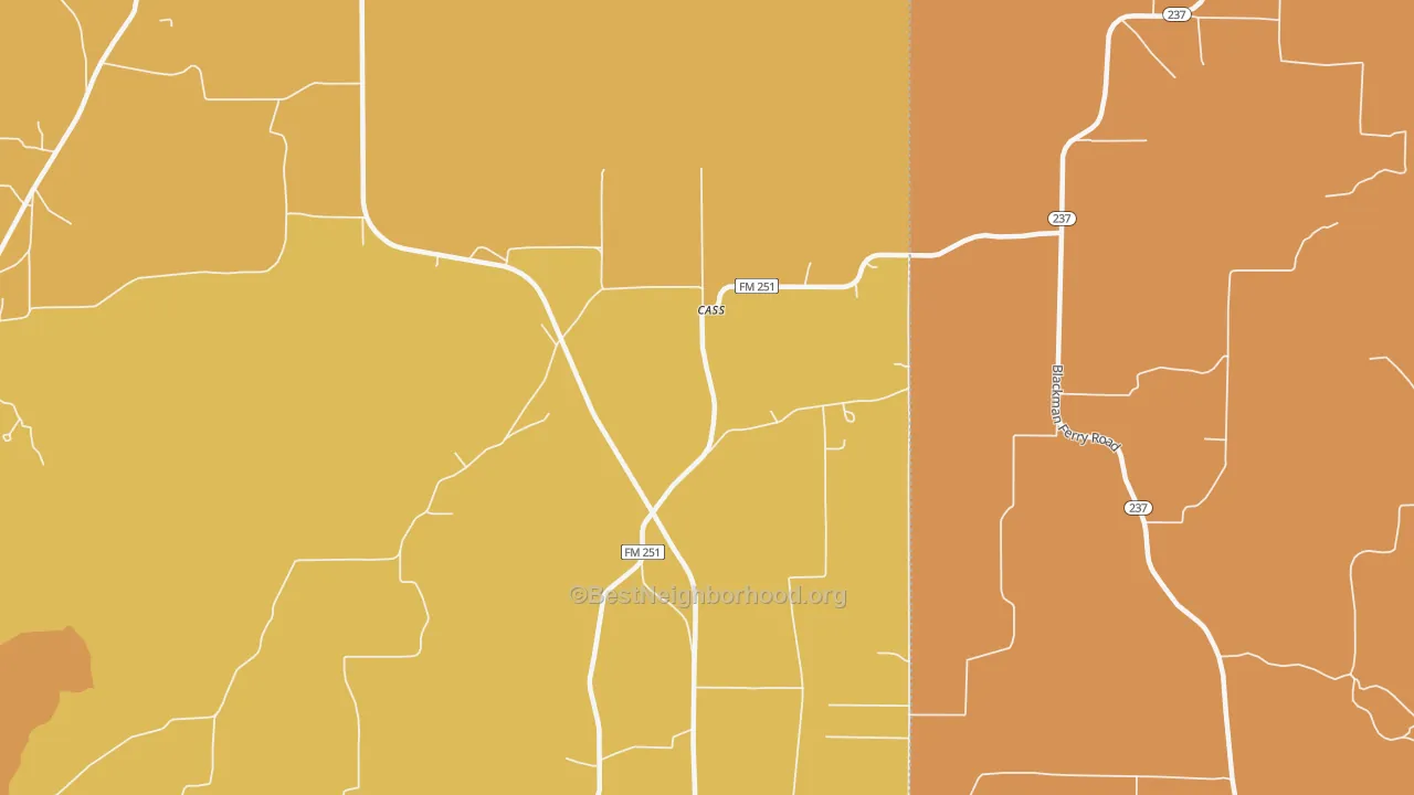 Map of the best neighborhoods in the Cass area, with better matches in green and worse matches in red