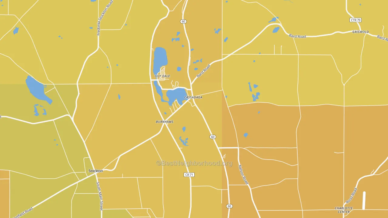 Map of the best neighborhoods in the Cassadaga area, with better matches in green and worse matches in red