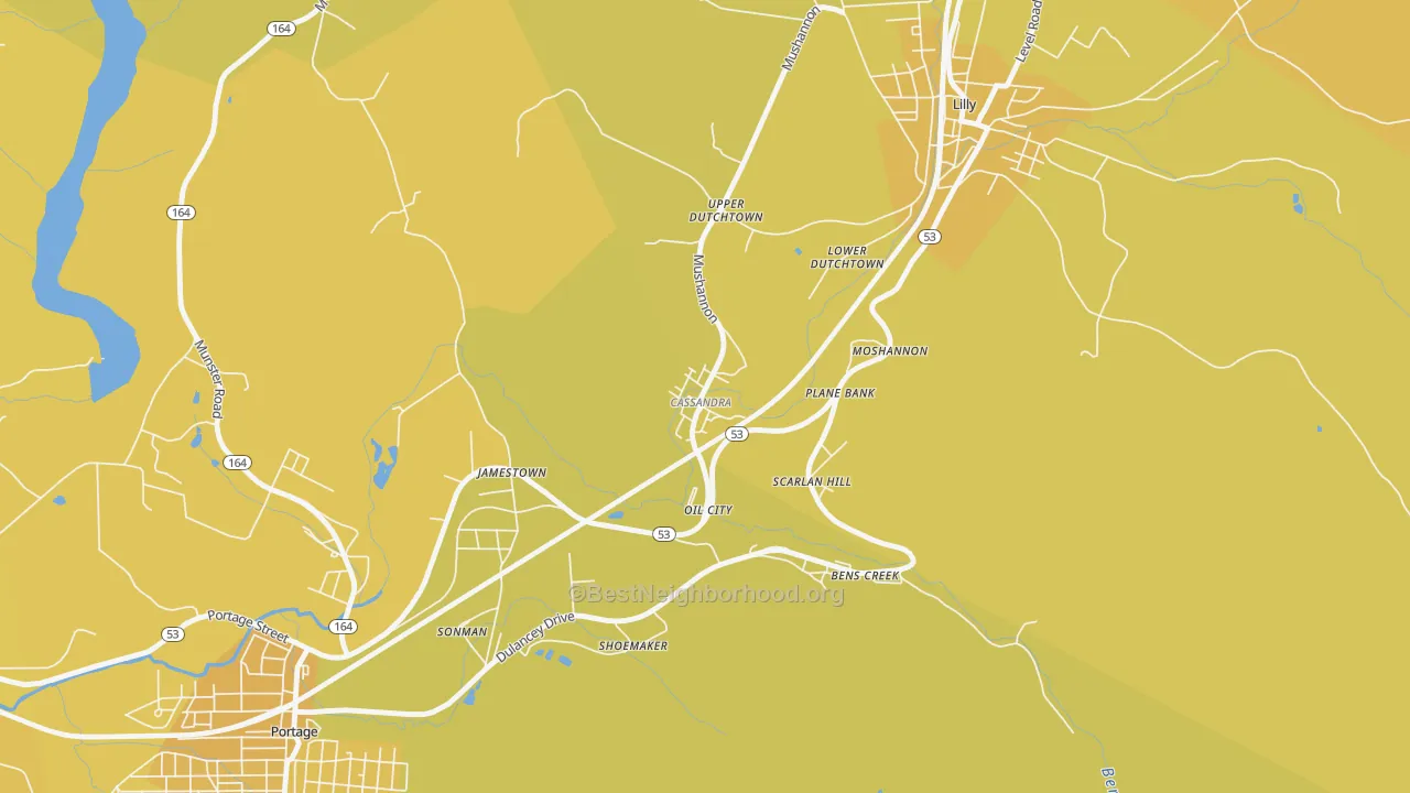 Map of the best neighborhoods in the Cassandra area, with better matches in green and worse matches in red