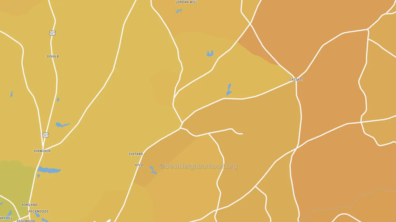 Map of the best neighborhoods in the Cassatt area, with better matches in green and worse matches in red