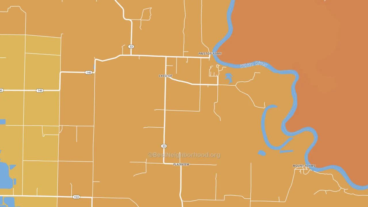 Map of the best neighborhoods in the Casscoe area, with better matches in green and worse matches in red