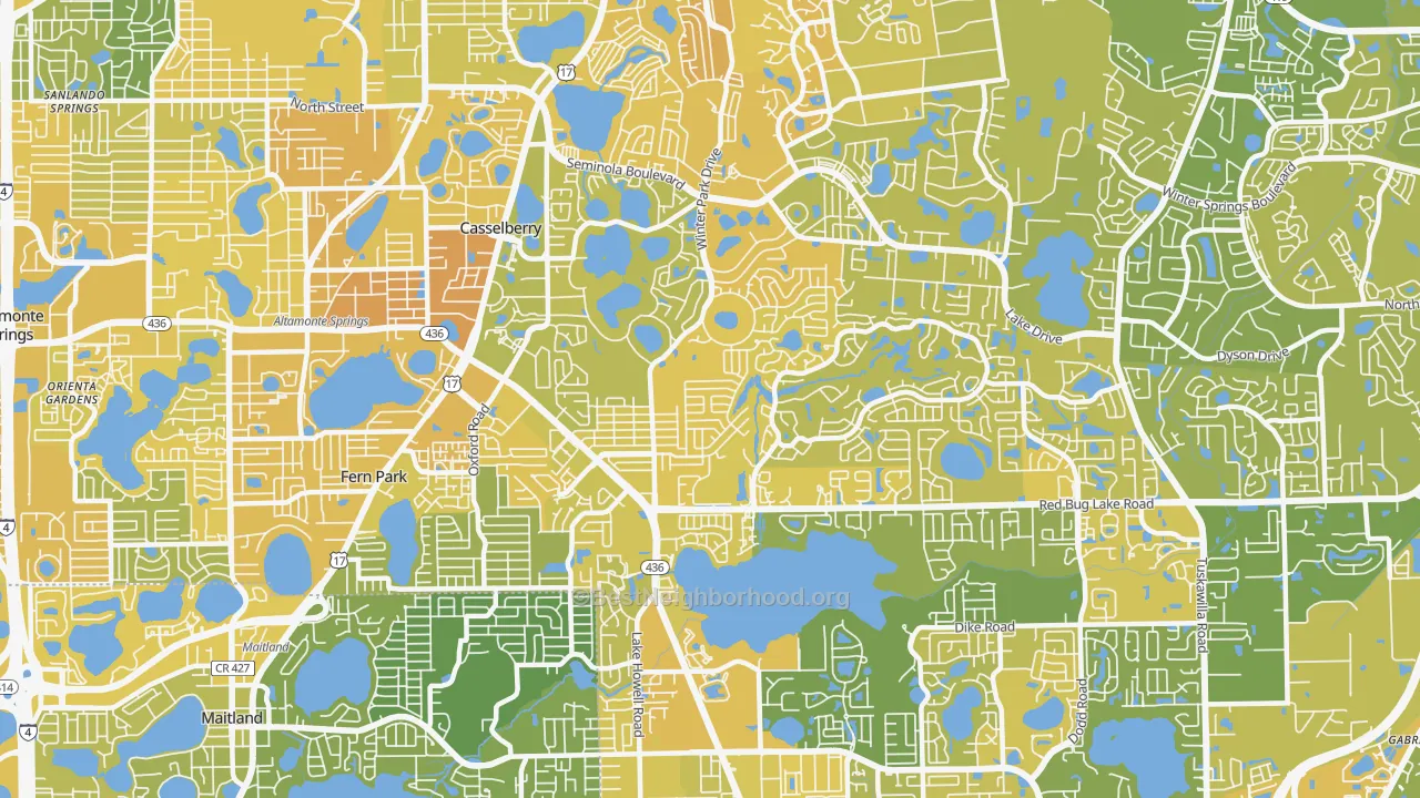 Map of the best neighborhoods in the Casselberry area, with better matches in green and worse matches in red